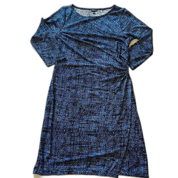 Talbots 3/4 Sleeve Ruched Waist Blue and Black Printed Slinky Sheath Dress Med - Picture 1 of 6